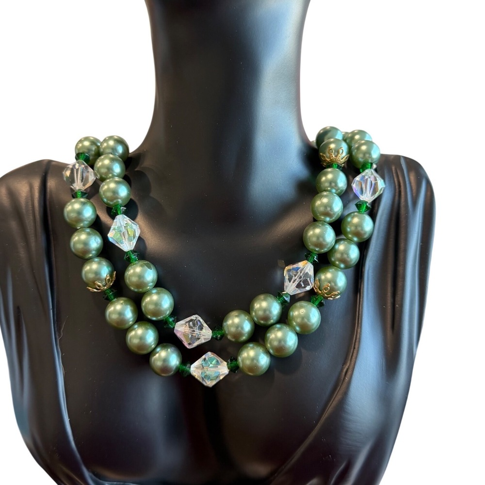 Vintage Lisner Green Faux Pearl AB Crystal Double Strand Choker Necklace 15in